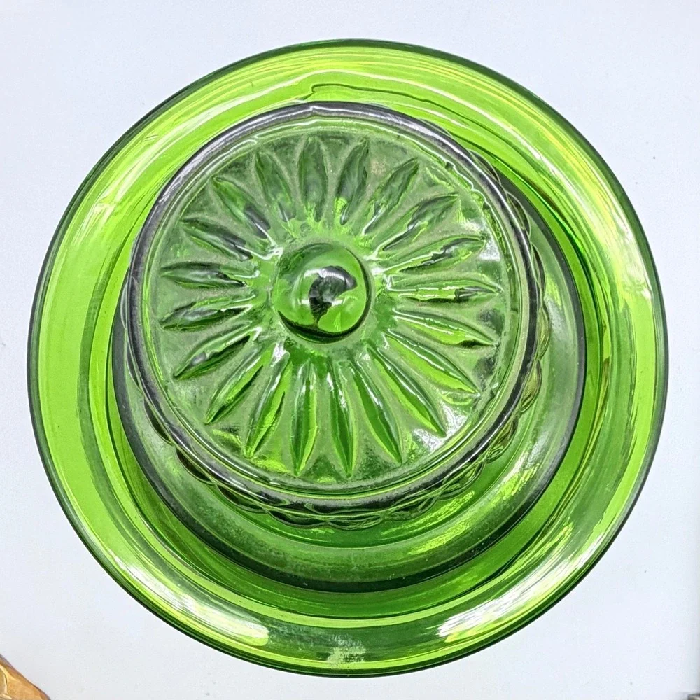 Counterpoint Hand Blown Glass Apothecary Jar Green Vintage Japan Sunburst Lid